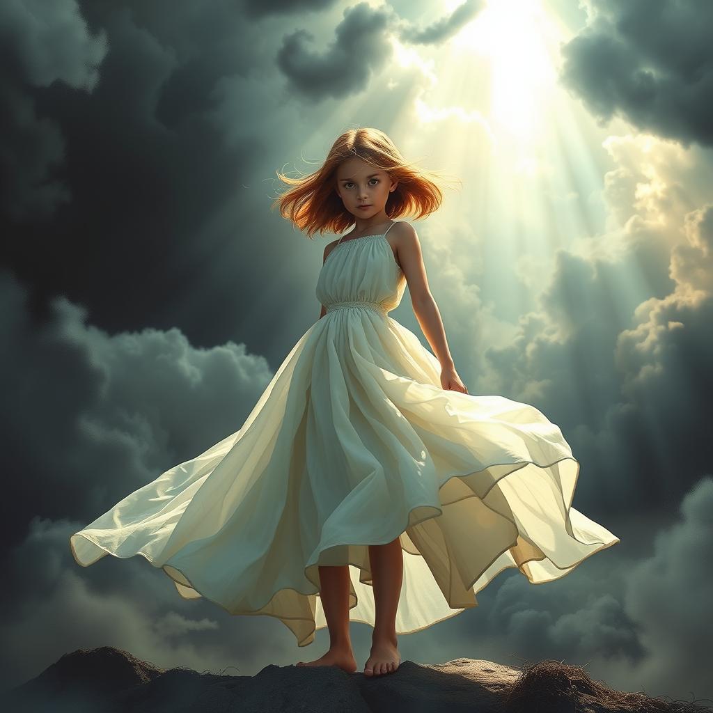 A powerful scene depicting the concept of resilience in the face of adversity, featuring a girl standing strong amidst a stormy, dark background symbolizing chaos, with rays of light breaking through the clouds above her to represent hope