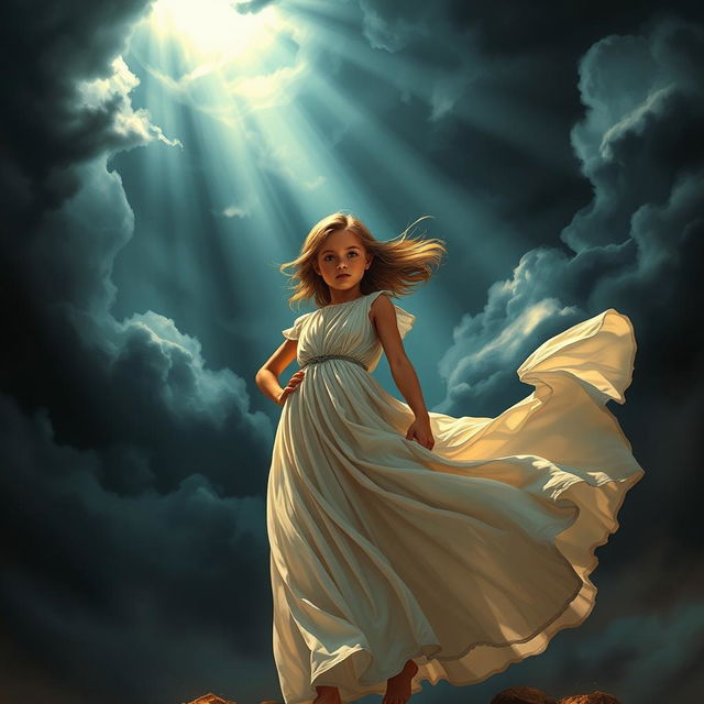 A powerful scene depicting the concept of resilience in the face of adversity, featuring a girl standing strong amidst a stormy, dark background symbolizing chaos, with rays of light breaking through the clouds above her to represent hope