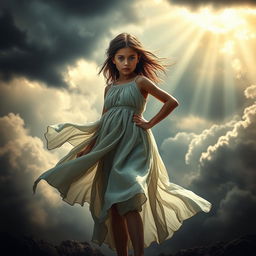 A powerful scene depicting the concept of resilience in the face of adversity, featuring a girl standing strong amidst a stormy, dark background symbolizing chaos, with rays of light breaking through the clouds above her to represent hope