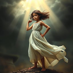 A powerful scene depicting the concept of resilience in the face of adversity, featuring a girl standing strong amidst a stormy, dark background symbolizing chaos, with rays of light breaking through the clouds above her to represent hope