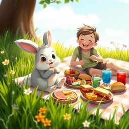 A whimsical scene depicting a bunny happily eating food beside a person