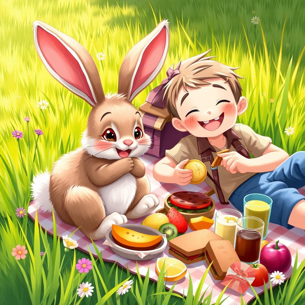 A whimsical scene depicting a bunny happily eating food beside a person