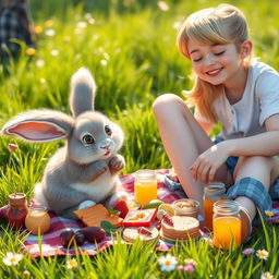 A whimsical scene depicting a bunny happily eating food beside a person