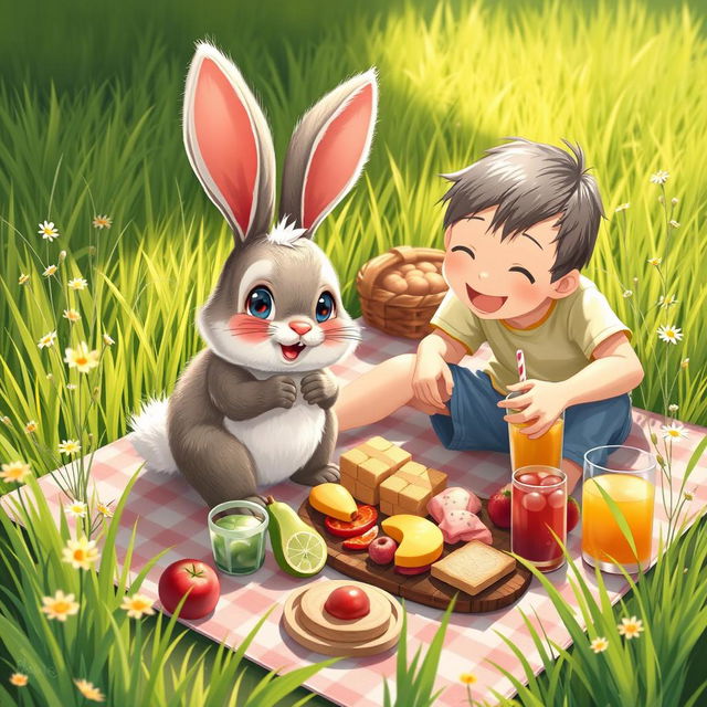 A whimsical scene depicting a bunny happily eating food beside a person