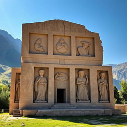 A stunning view of the Taghebostan historical monument in Kermanshah, Iran, prominently featuring six intricately carved stone monitors (or bas-reliefs) that showcase ancient Persian art