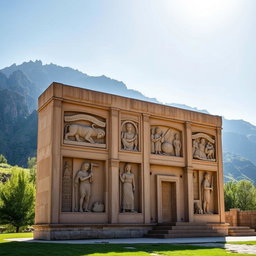 A stunning view of the Taghebostan historical monument in Kermanshah, Iran, prominently featuring six intricately carved stone monitors (or bas-reliefs) that showcase ancient Persian art