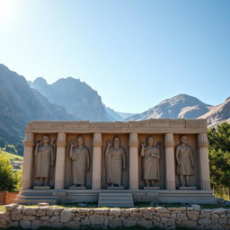 A stunning view of the Taghebostan historical monument in Kermanshah, Iran, prominently featuring six intricately carved stone monitors (or bas-reliefs) that showcase ancient Persian art