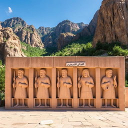 A stunning view of the Taghebostan historical monument in Kermanshah, Iran, prominently featuring six intricately carved stone monitors (or bas-reliefs) that showcase ancient Persian art
