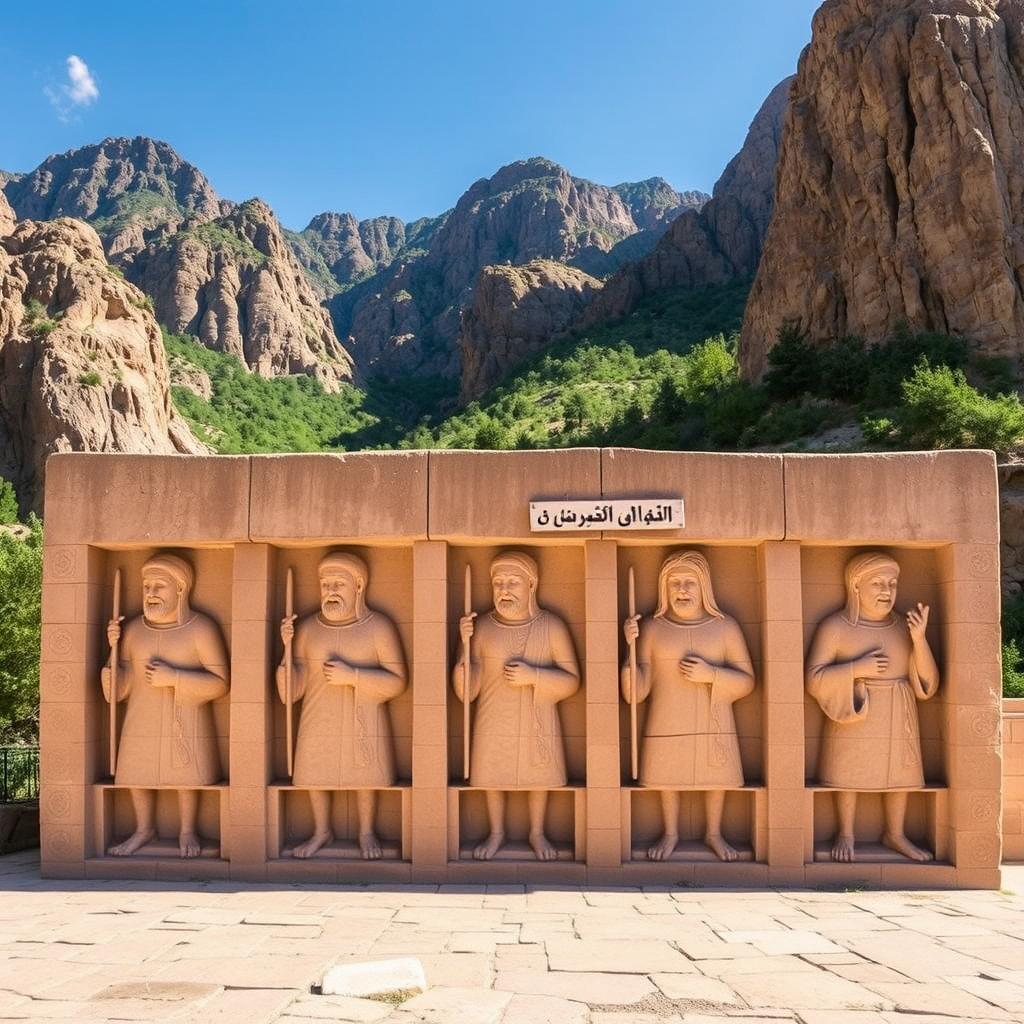A stunning view of the Taghebostan historical monument in Kermanshah, Iran, prominently featuring six intricately carved stone monitors (or bas-reliefs) that showcase ancient Persian art