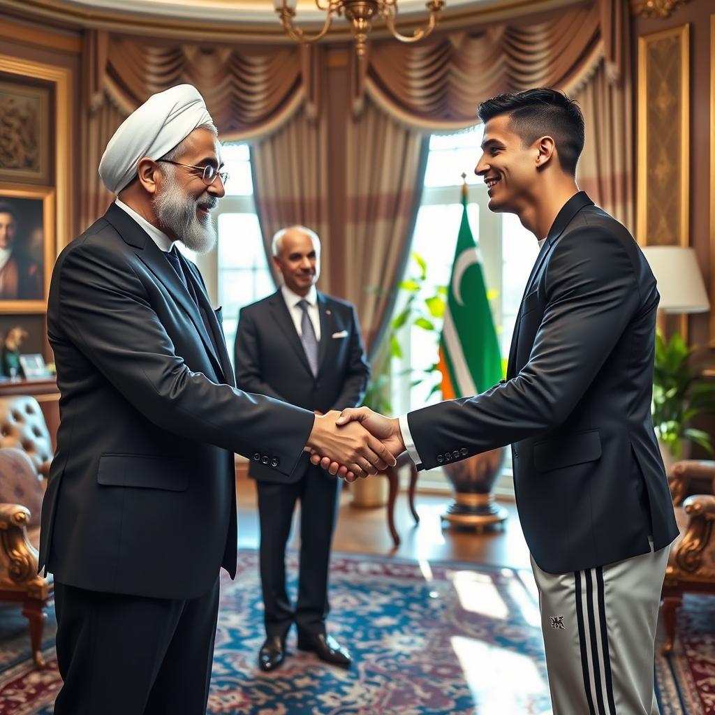A high-profile meeting between the President of Iran and Cristiano Ronaldo, set against a luxurious backdrop, possibly in an ornate office adorned with traditional Persian decor and modern elements