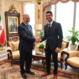 A high-profile meeting between the President of Iran and Cristiano Ronaldo, set against a luxurious backdrop, possibly in an ornate office adorned with traditional Persian decor and modern elements