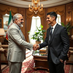 A high-profile meeting between the President of Iran and Cristiano Ronaldo, set against a luxurious backdrop, possibly in an ornate office adorned with traditional Persian decor and modern elements