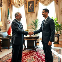 A high-profile meeting between the President of Iran and Cristiano Ronaldo, set against a luxurious backdrop, possibly in an ornate office adorned with traditional Persian decor and modern elements