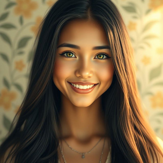 A beautiful portrait of a young woman with long flowing black hair, enchanting green eyes, and a warm smile