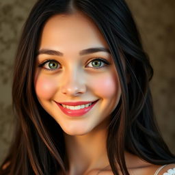 A beautiful portrait of a young woman with long flowing black hair, enchanting green eyes, and a warm smile