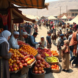 A bustling scene from Afghanistan around 200 years ago, depicting a vibrant marketplace filled with people engaged in buying and selling fruits