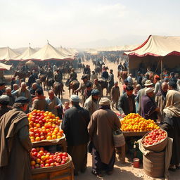 A bustling scene from Afghanistan around 200 years ago, depicting a vibrant marketplace filled with people engaged in buying and selling fruits
