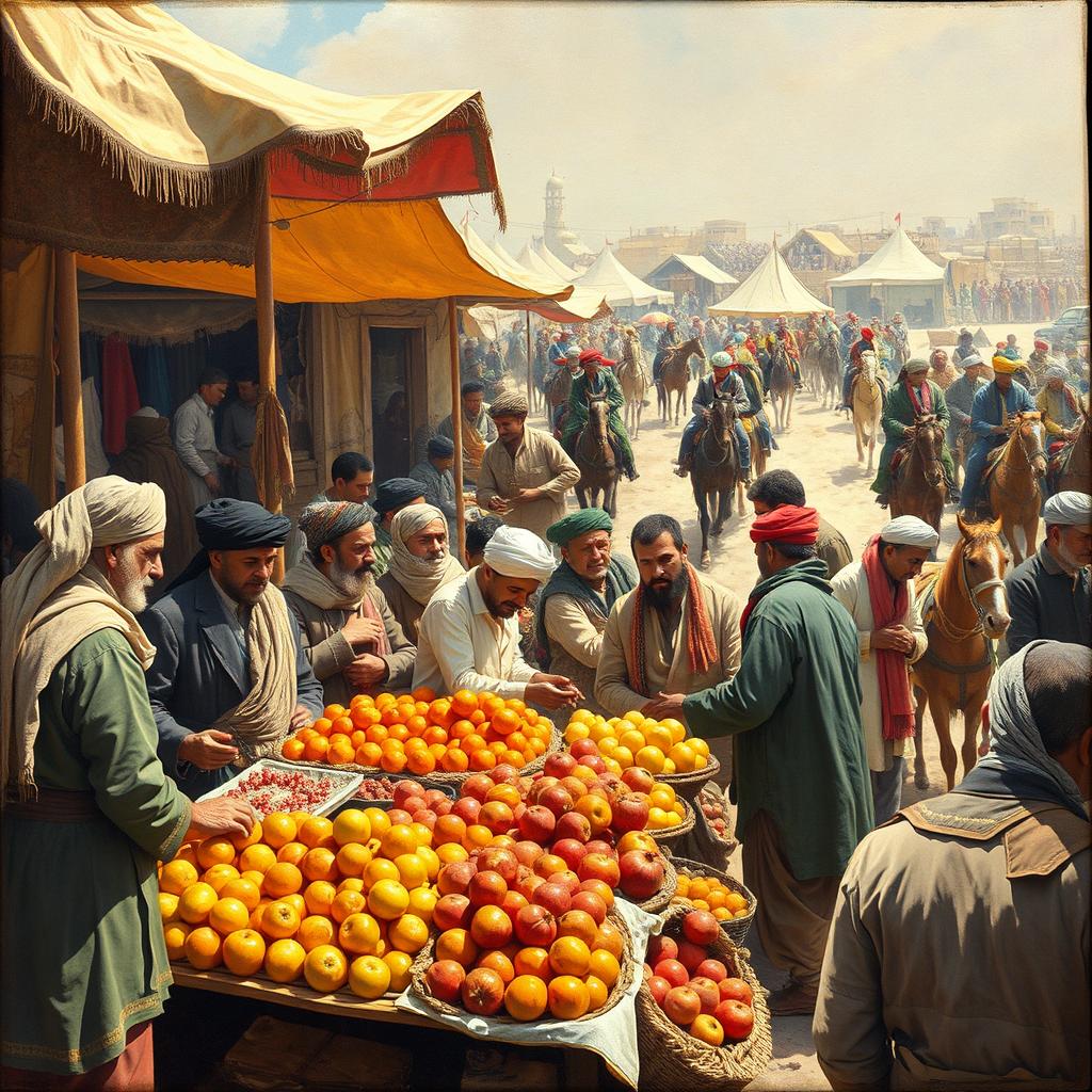 A bustling scene from Afghanistan around 200 years ago, depicting a vibrant marketplace filled with people engaged in buying and selling fruits