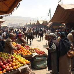 A bustling scene from Afghanistan around 200 years ago, depicting a vibrant marketplace filled with people engaged in buying and selling fruits