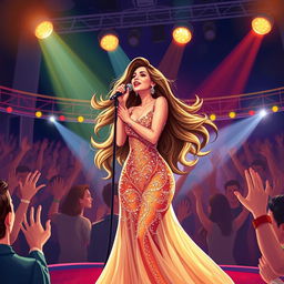 A detailed and vibrant illustration of a famous singer, Hayedeh, performing on stage