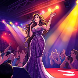 A detailed and vibrant illustration of a famous singer, Hayedeh, performing on stage