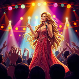 A detailed and vibrant illustration of a famous singer, Hayedeh, performing on stage