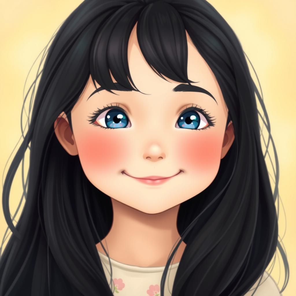 A beautifully detailed portrait of a young girl with long, flowing black hair and bright blue eyes, set against a soft pastel background