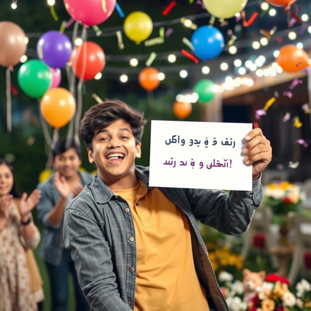 A celebratory scene featuring an excited young adult holding a paper with the text "رتبه ۵۰۰ کنکور انسانی سال ۱۴۰۴ شدم" written on it