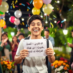 A celebratory scene featuring an excited young adult holding a paper with the text "رتبه ۵۰۰ کنکور انسانی سال ۱۴۰۴ شدم" written on it