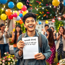 A celebratory scene featuring an excited young adult holding a paper with the text "رتبه ۵۰۰ کنکور انسانی سال ۱۴۰۴ شدم" written on it
