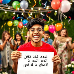 A celebratory scene featuring an excited young adult holding a paper with the text "رتبه ۵۰۰ کنکور انسانی سال ۱۴۰۴ شدم" written on it
