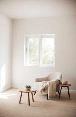 A serene and inviting living room designed in a minimalistic style, featuring a large window with natural light streaming in, a single comfortable chair with a soft blanket draped over it, and a small wooden coffee table with a single succulent plant