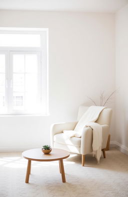 A serene and inviting living room designed in a minimalistic style, featuring a large window with natural light streaming in, a single comfortable chair with a soft blanket draped over it, and a small wooden coffee table with a single succulent plant