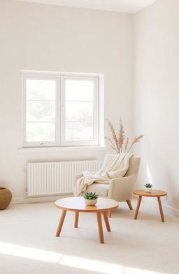 A serene and inviting living room designed in a minimalistic style, featuring a large window with natural light streaming in, a single comfortable chair with a soft blanket draped over it, and a small wooden coffee table with a single succulent plant