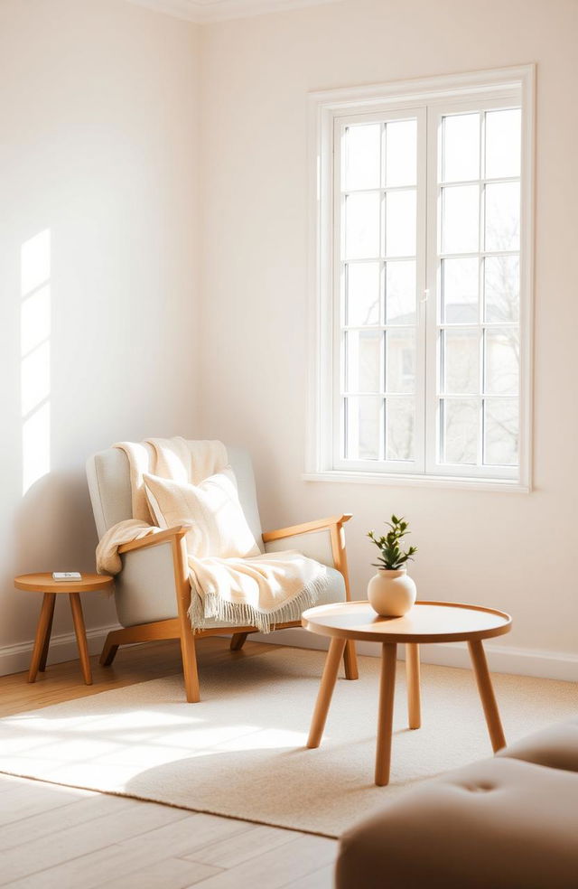 A serene and inviting living room designed in a minimalistic style, featuring a large window with natural light streaming in, a single comfortable chair with a soft blanket draped over it, and a small wooden coffee table with a single succulent plant