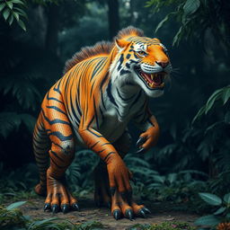A fantastical creature that is a hybrid of a tiger and a dinosaur