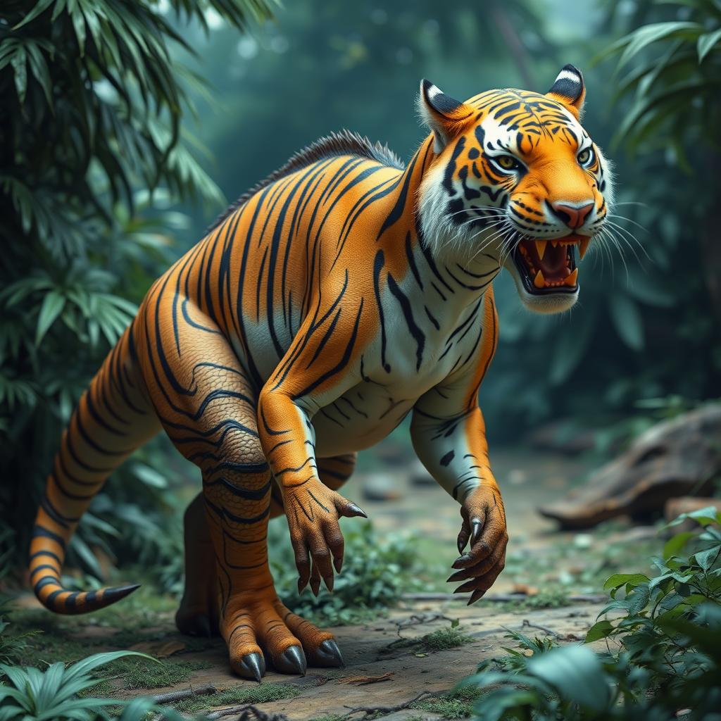 A fantastical creature that is a hybrid of a tiger and a dinosaur