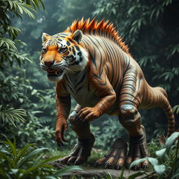 A fantastical creature that is a hybrid of a tiger and a dinosaur