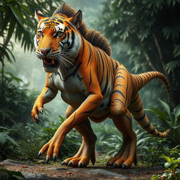 A fantastical creature that is a hybrid of a tiger and a dinosaur