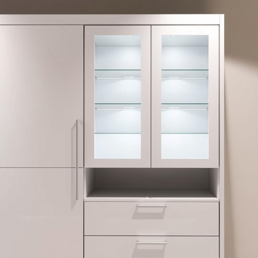 A sleek, modern kitchen cabinet with a three-tiered design