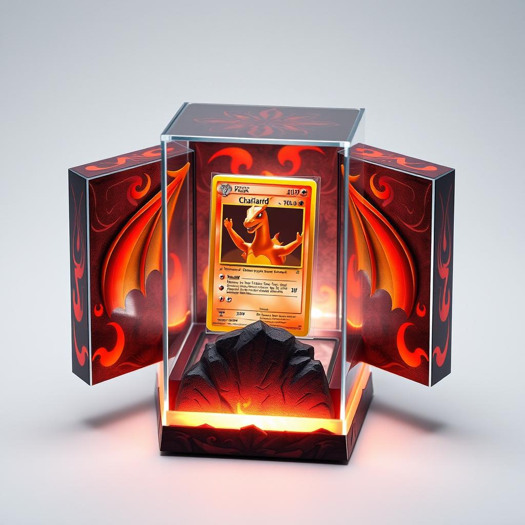 A closed box with 5 facets, featuring a front transparent glass panel showcasing a Pokémon card of Charizard encased in a magnetic acrylic protector