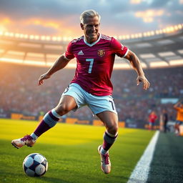 A futuristic depiction of a renowned soccer player resembling a famous athlete in their post-40s, showcasing a muscular yet agile physique