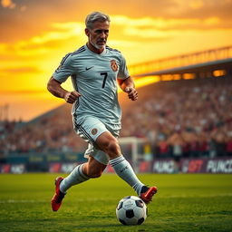 A futuristic depiction of a renowned soccer player resembling a famous athlete in their post-40s, showcasing a muscular yet agile physique