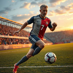 A futuristic depiction of a renowned soccer player resembling a famous athlete in their post-40s, showcasing a muscular yet agile physique