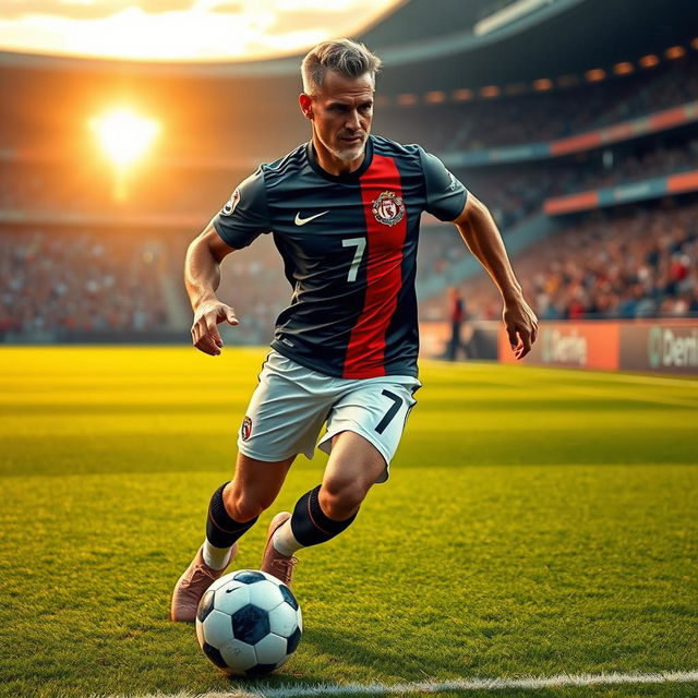 A futuristic depiction of a renowned soccer player resembling a famous athlete in their post-40s, showcasing a muscular yet agile physique