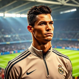 A portrait of a distinguished Cristiano Ronaldo after turning 40 years old, showcasing his mature athleticism and charisma