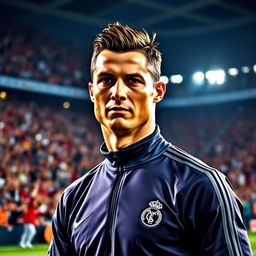 A portrait of a distinguished Cristiano Ronaldo after turning 40 years old, showcasing his mature athleticism and charisma