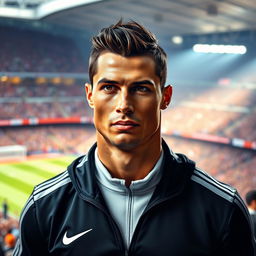 A portrait of a distinguished Cristiano Ronaldo after turning 40 years old, showcasing his mature athleticism and charisma