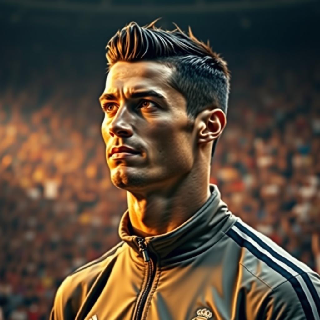 A portrait of a distinguished Cristiano Ronaldo after turning 40 years old, showcasing his mature athleticism and charisma