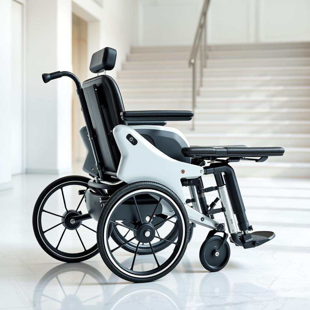 A modern and innovative wheelchair design featuring adjustable armrests that can transform into stretchers